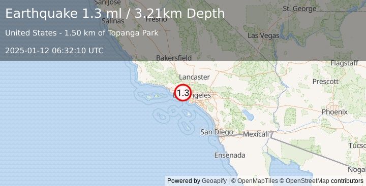 Earthquake 4 km NNW of Topanga, CA (1.3 ml) (2025-01-12 06:32:10 UTC)