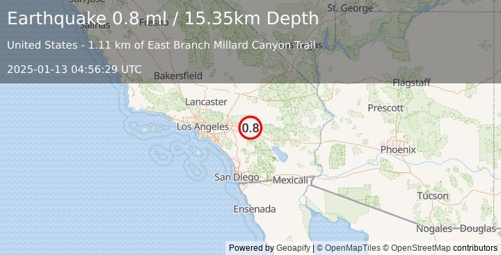 Earthquake 13 km NNE of Cabazon, CA (0.8 ml) (2025-01-13 04:56:29 UTC)