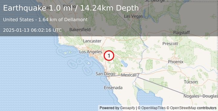 Earthquake 6 km NE of San Jacinto, CA (1.0 ml) (2025-01-13 06:02:16 UTC)