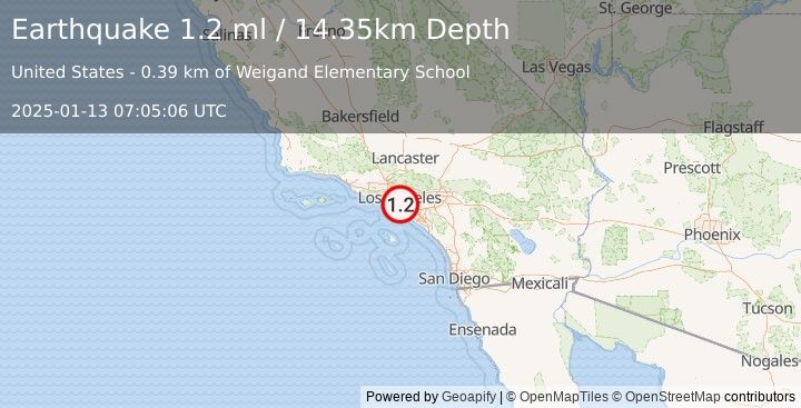 Earthquake 2 km NW of Lynwood, CA (1.2 ml) (2025-01-13 07:05:06 UTC)