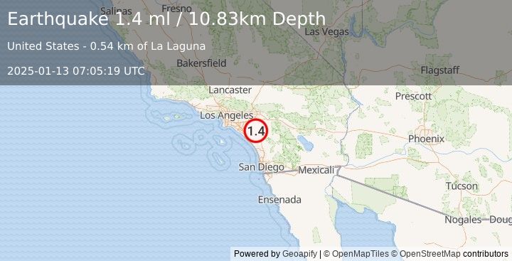 Earthquake 2 km SSW of Lake Elsinore, CA (1.4 ml) (2025-01-13 07:05:19 UTC)