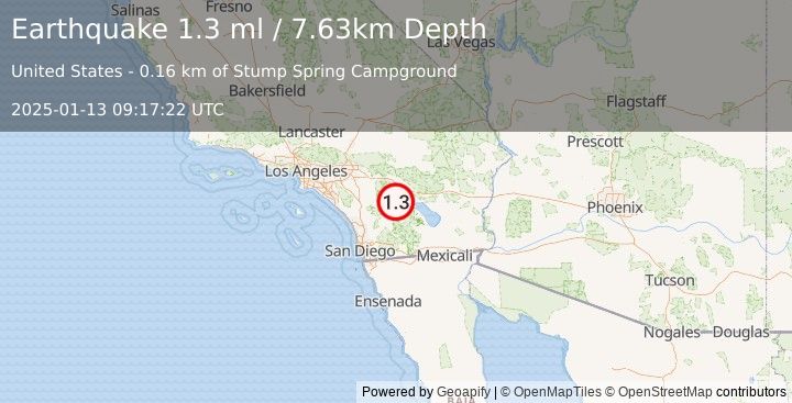 Earthquake 19 km SW of La Quinta, CA (1.3 ml) (2025-01-13 09:17:22 UTC)