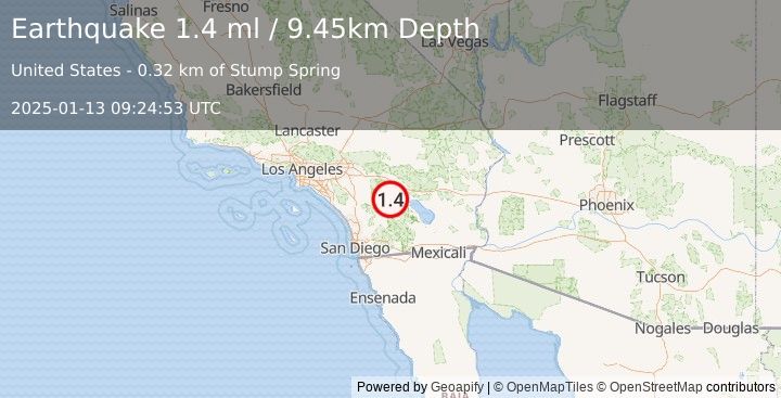 Earthquake 19 km SW of La Quinta, CA (1.4 ml) (2025-01-13 09:24:53 UTC)