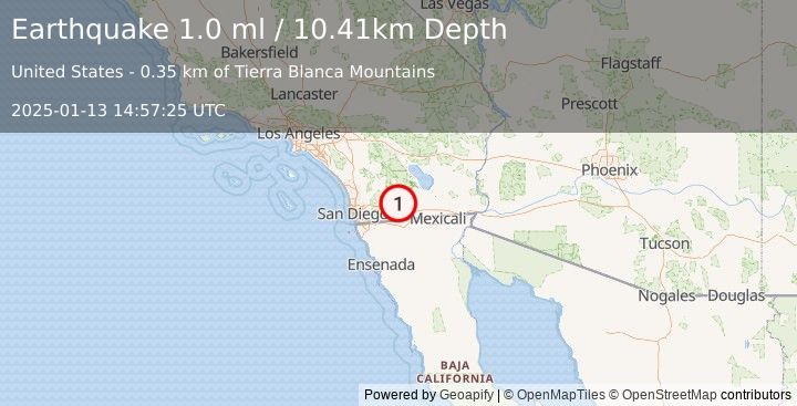 Earthquake 26 km ENE of Pine Valley, CA (1.0 ml) (2025-01-13 14:57:25 UTC)