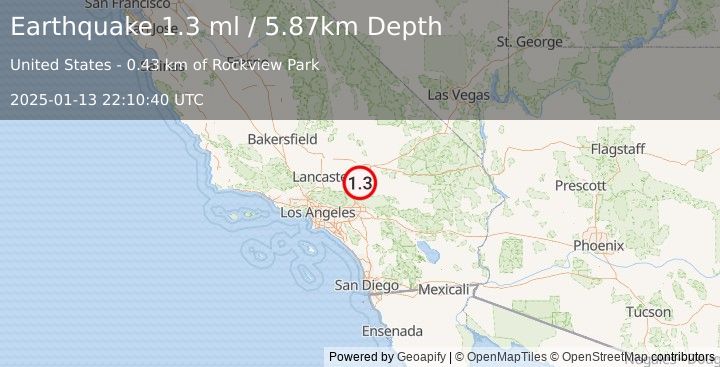 Earthquake 6 km N of Running Springs, CA (1.3 ml) (2025-01-13 22:10:46 UTC)