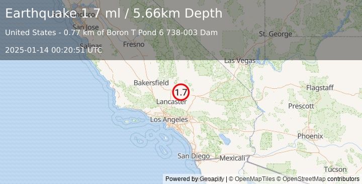 Earthquake 7 km NW of Boron, CA (1.7 ml) (2025-01-14 00:20:51 UTC)