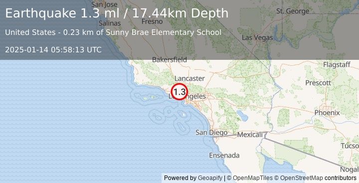 Earthquake 3 km ENE of Canoga Park, CA (1.3 ml) (2025-01-14 05:58:13 UTC)