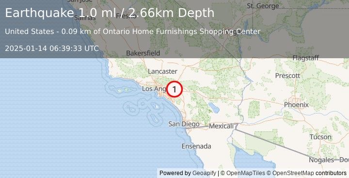 Earthquake 4 km SE of Ontario, CA (1.0 ml) (2025-01-14 06:39:33 UTC)