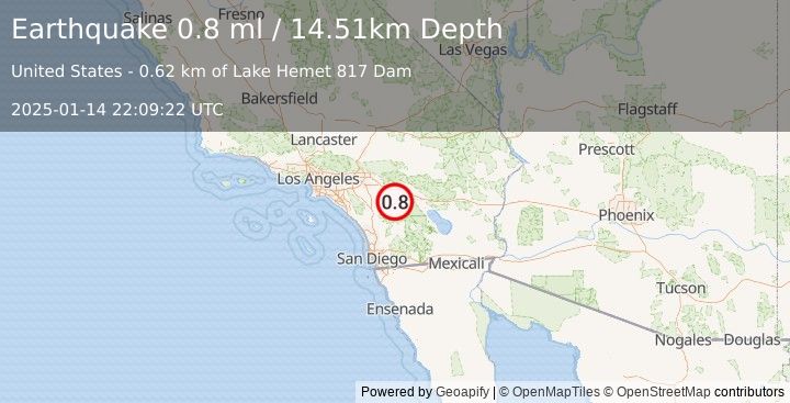 Earthquake 8 km S of Idyllwild, CA (0.8 ml) (2025-01-14 22:09:22 UTC)