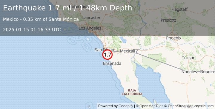 Earthquake 12 km NE of Rosarito, B.C., MX (1.7 ml) (2025-01-15 01:16:33 UTC)