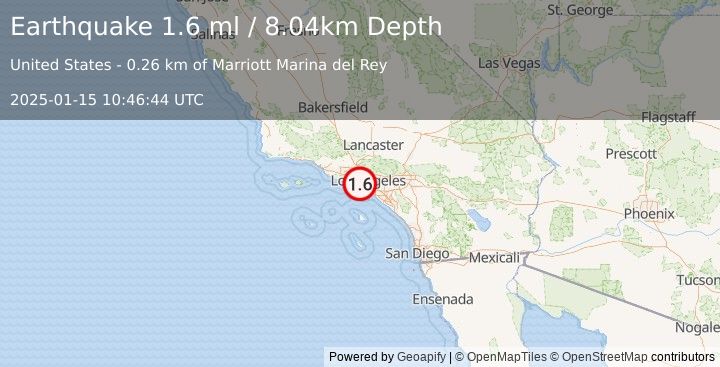 Earthquake 3 km ENE of Marina del Rey, CA (1.6 ml) (2025-01-15 10:46:44 UTC)