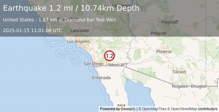 Earthquake 12 km ENE of Ocotillo Wells, CA (1.2 ml) (2025-01-15 11:01:06 UTC)