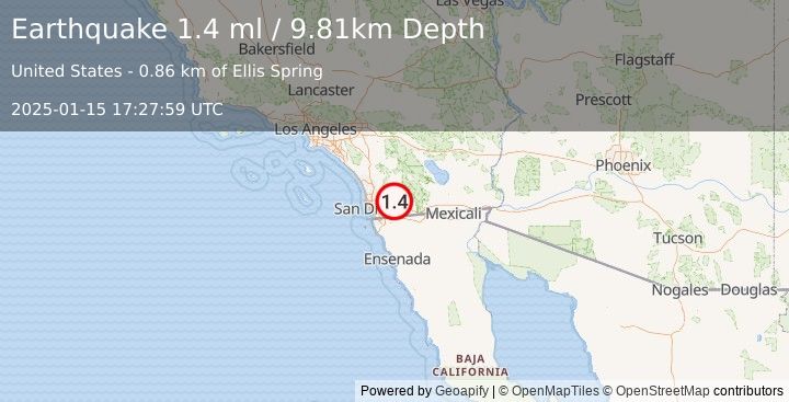 Earthquake 10 km E of Alpine, CA (1.4 ml) (2025-01-15 17:27:59 UTC)