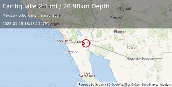 Earthquake 14 km ESE of Puebla, B.C., MX (2.1 ml) (2025-01-15 18:18:11 UTC)