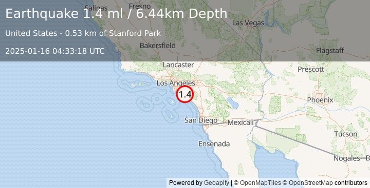 Earthquake 5 km NNW of San Joaquin Hills, CA (1.4 ml) (2025-01-16 04:33:18 UTC)