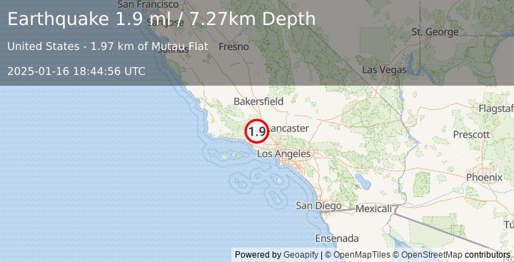 Earthquake 25 km SSW of Frazier Park, CA (1.9 ml) (2025-01-16 18:44:56 UTC)