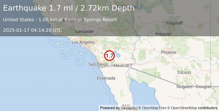 Earthquake 3 km ESE of Borrego Springs, CA (1.7 ml) (2025-01-17 04:14:28 UTC)