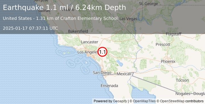 Earthquake 2 km S of Mentone, CA (1.1 ml) (2025-01-17 07:37:11 UTC)