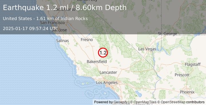 Earthquake 22 km NNW of Kernville, CA (1.2 ml) (2025-01-17 09:57:24 UTC)