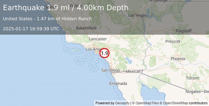 Earthquake 10 km SW of Corona, CA (1.9 ml) (2025-01-17 16:59:39 UTC)