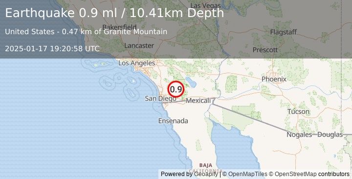 Earthquake 12 km ESE of Julian, CA (0.9 ml) (2025-01-17 19:20:58 UTC)