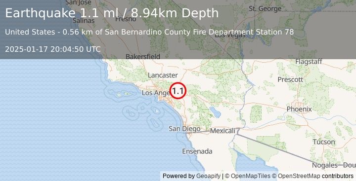 Earthquake 4 km N of Fontana, CA (1.1 ml) (2025-01-17 20:04:50 UTC)