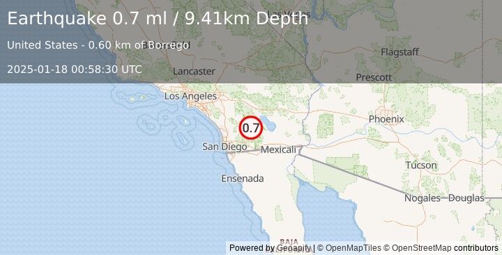 Earthquake 6 km SE of Borrego Springs, CA (0.7 ml) (2025-01-18 00:58:30 UTC)