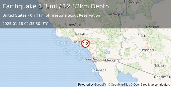 Earthquake 5 km ENE of Brea, CA (1.3 ml) (2025-01-18 02:35:30 UTC)