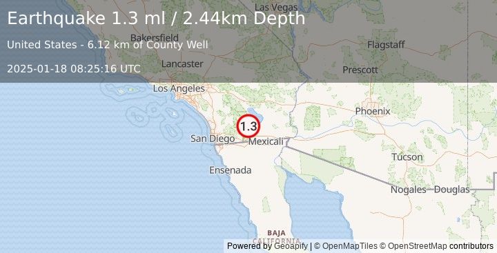 Earthquake 16 km SE of Ocotillo Wells, CA (1.3 ml) (2025-01-18 08:25:16 UTC)