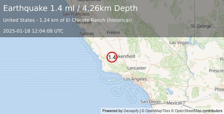 Earthquake 11 km ESE of Simmler, CA (1.4 ml) (2025-01-18 12:04:08 UTC)