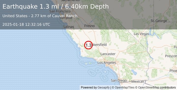 Earthquake 12 km E of Simmler, CA (1.3 ml) (2025-01-18 12:32:16 UTC)