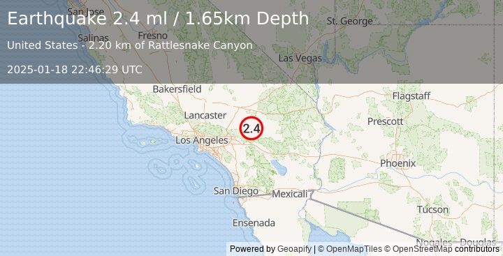 Earthquake 19 km NE of Big Bear City, CA (2.4 ml) (2025-01-18 22:46:29 UTC)