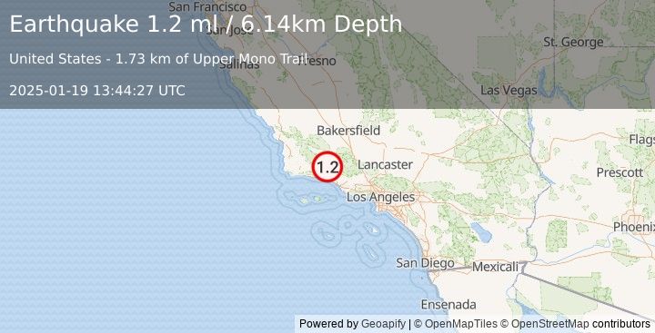 Earthquake 26 km NNE of Montecito, CA (1.2 ml) (2025-01-19 13:44:27 UTC)