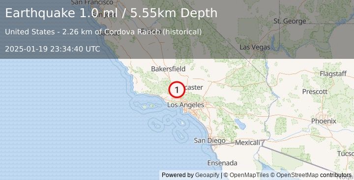 Earthquake 12 km N of Castaic, CA (1.0 ml) (2025-01-19 23:34:40 UTC)