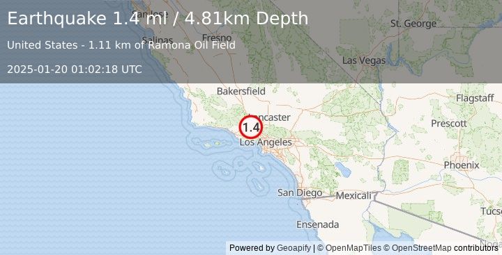 Earthquake 10 km N of Piru, CA (1.1 ml) (2025-01-20 01:02:19 UTC)