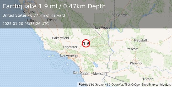 Earthquake 32 km E of Barstow, CA (1.9 ml) (2025-01-20 03:33:26 UTC)