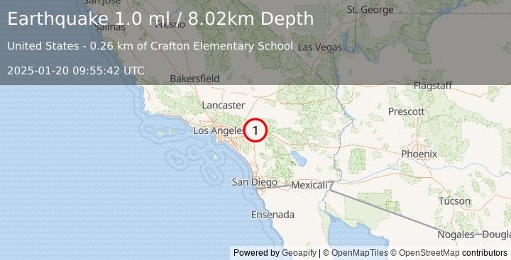 Earthquake 1 km SSW of Mentone, CA (1.0 ml) (2025-01-20 09:55:42 UTC)