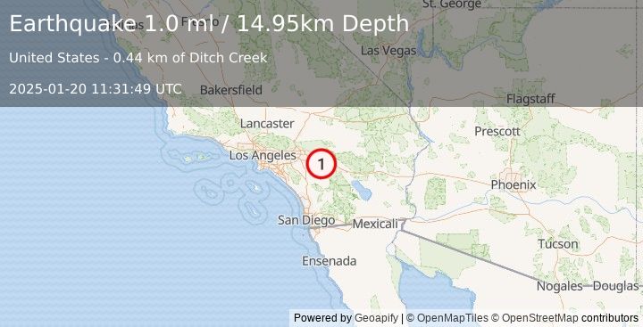 Earthquake 5 km S of Cabazon, CA (1.0 ml) (2025-01-20 11:31:49 UTC)