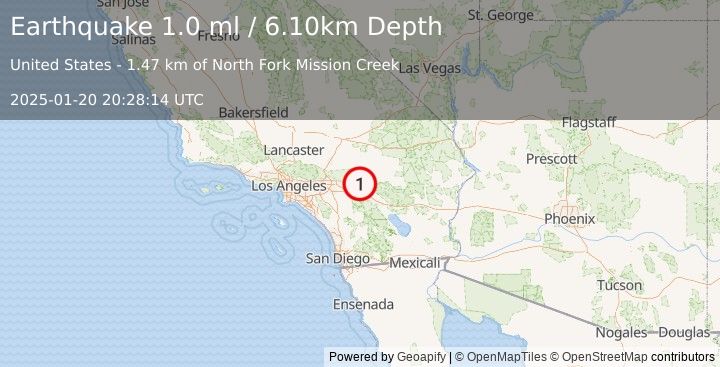 Earthquake 10 km WNW of Morongo Valley, CA (1.0 ml) (2025-01-20 20:28:14 UTC)