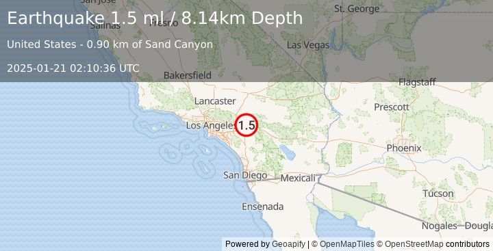 Earthquake 3 km SSE of Mentone, CA (1.5 ml) (2025-01-21 02:10:36 UTC)