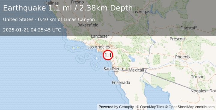 Earthquake 7 km SSE of Coto De Caza, CA (1.1 ml) (2025-01-21 04:25:45 UTC)