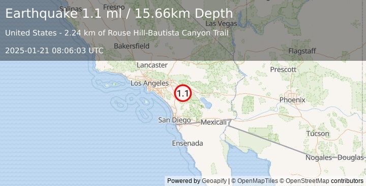 Earthquake 9 km SW of Idyllwild, CA (1.1 ml) (2025-01-21 08:06:03 UTC)