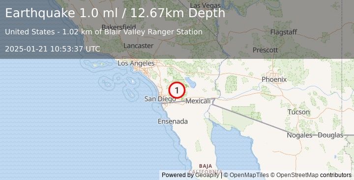 Earthquake 18 km ESE of Julian, CA (0.7 ml) (2025-01-21 10:53:38 UTC)