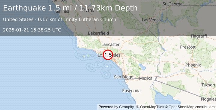 Earthquake 3 km W of MacArthur Park, CA (1.5 ml) (2025-01-21 15:38:25 UTC)