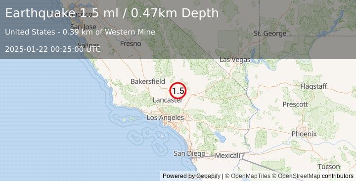 Earthquake 5 km NNW of Boron, CA (1.5 ml) (2025-01-22 00:25:00 UTC)