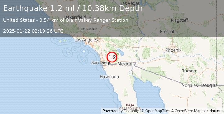 Earthquake 18 km ESE of Julian, CA (1.2 ml) (2025-01-22 02:19:26 UTC)