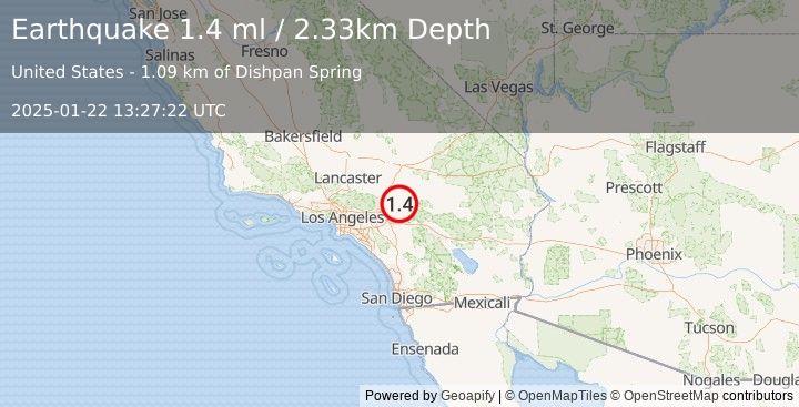 Earthquake 7 km N of Running Springs, CA (1.4 ml) (2025-01-22 13:27:22 UTC)