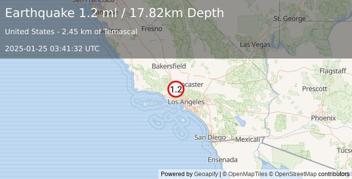 Earthquake 7 km WNW of Castaic, CA (1.2 ml) (2025-01-25 03:41:32 UTC)