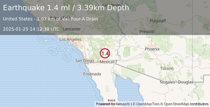 Earthquake 12 km WNW of Calipatria, CA (1.4 ml) (2025-01-25 14:12:38 UTC)