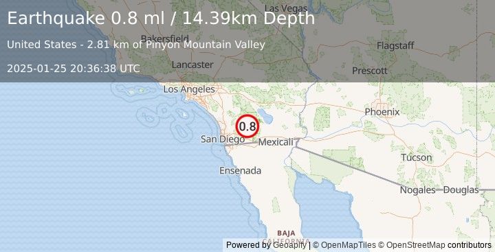 Earthquake 21 km E of Julian, CA (0.8 ml) (2025-01-25 20:36:38 UTC)